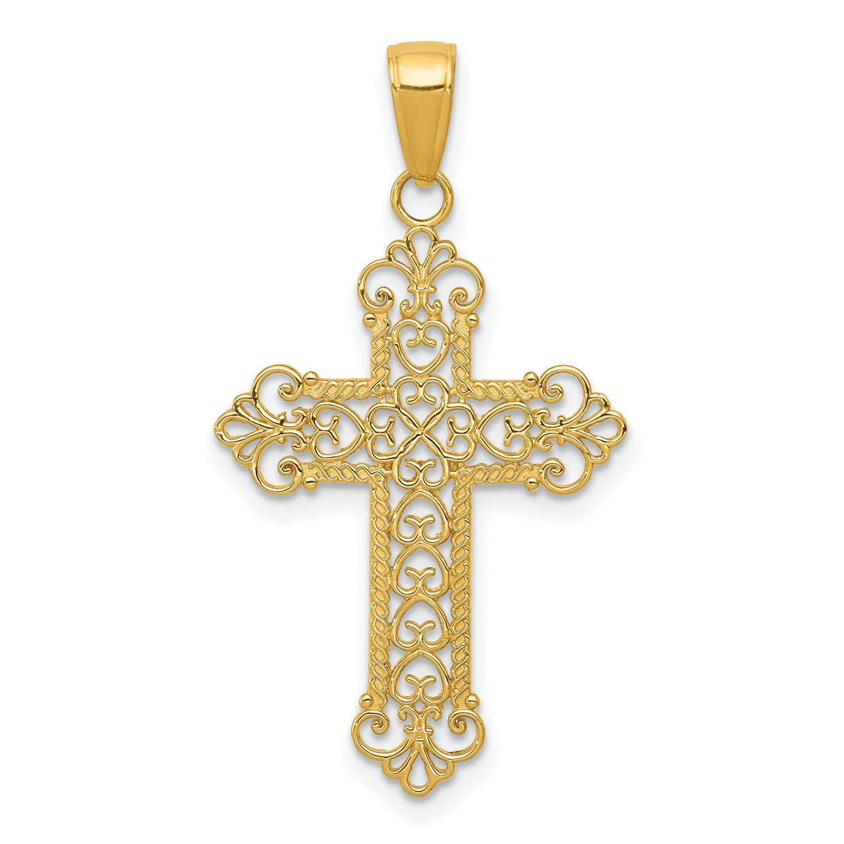 10k Yellow Gold Cross Pendant with Lace Pattern, Filigree Design, and Scrolling Heart Motif