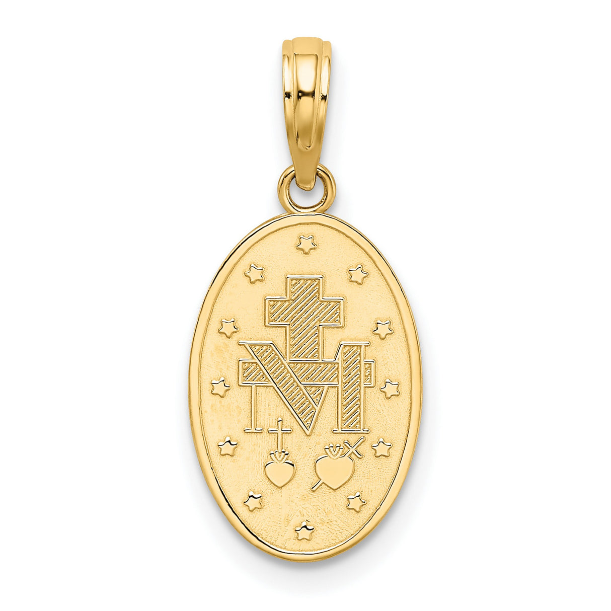 10k Yellow Gold Virgin Mary Miraculous Medal Pendant with Inscription, Catholic Religious Charm