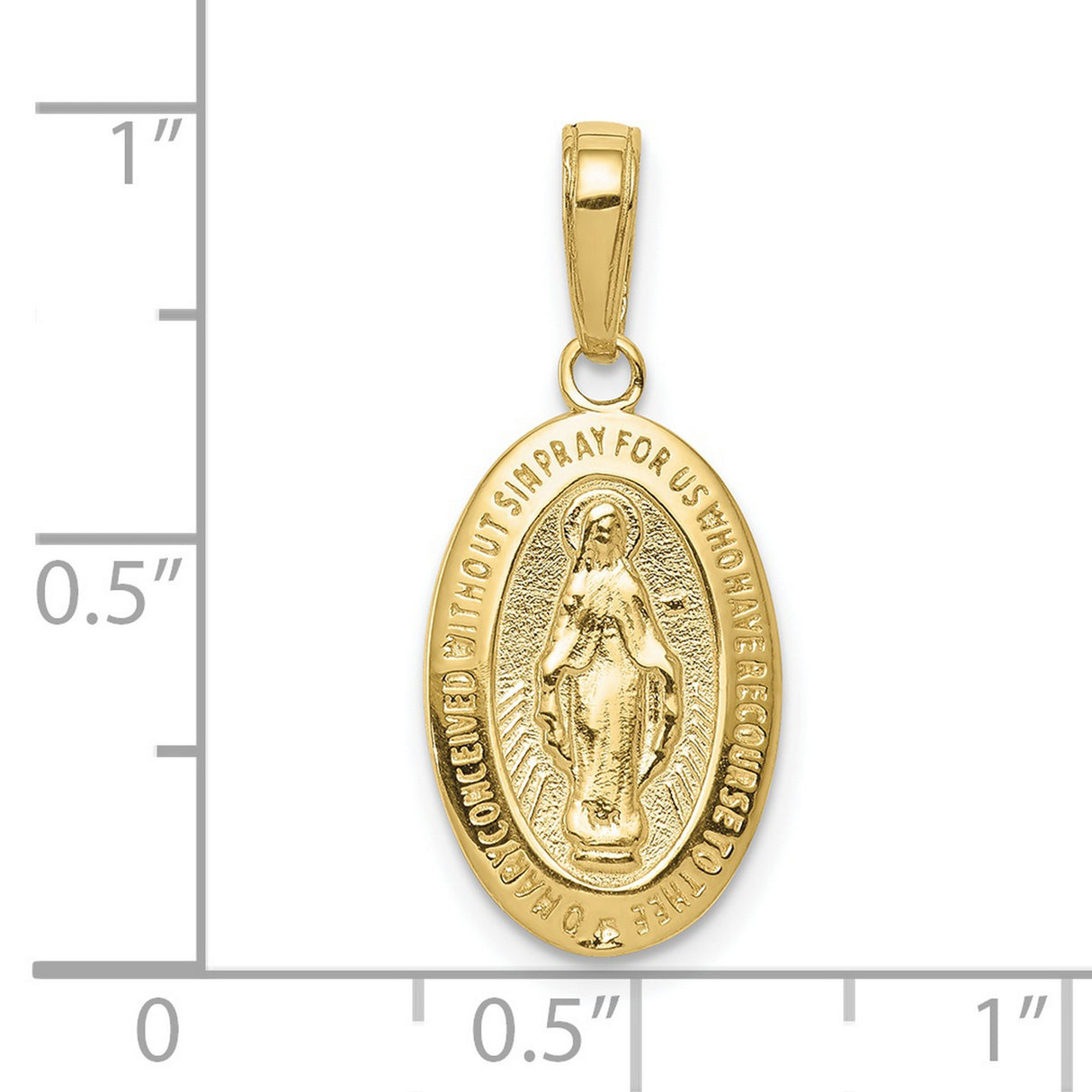 10k Yellow Gold Virgin Mary Miraculous Medal Pendant with Inscription, Catholic Religious Charm
