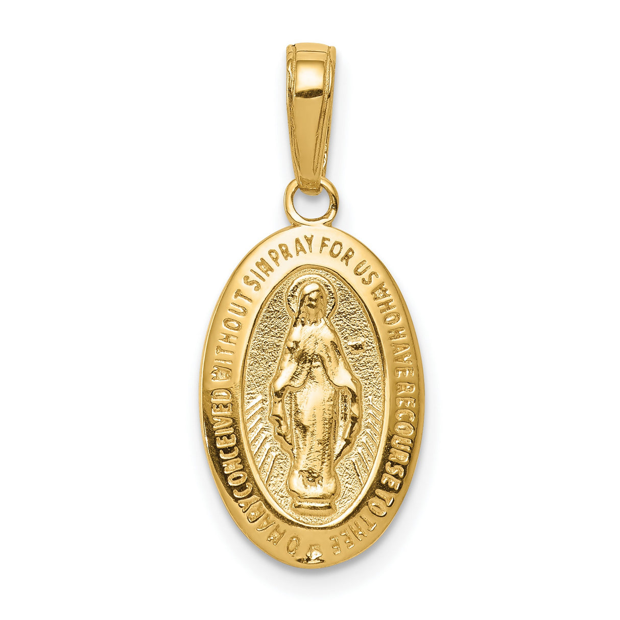 10k Yellow Gold Virgin Mary Miraculous Medal Pendant with Inscription, Catholic Religious Charm