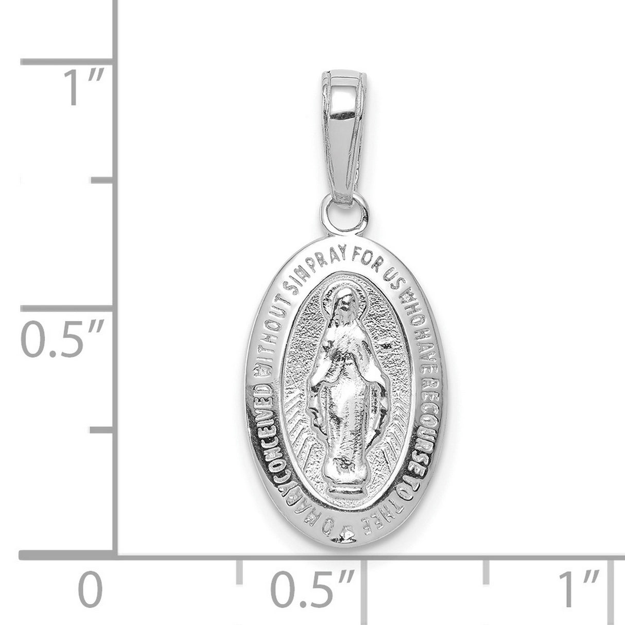 10k White Gold Miraculous Medal Pendant Featuring Virgin Mary Inscription