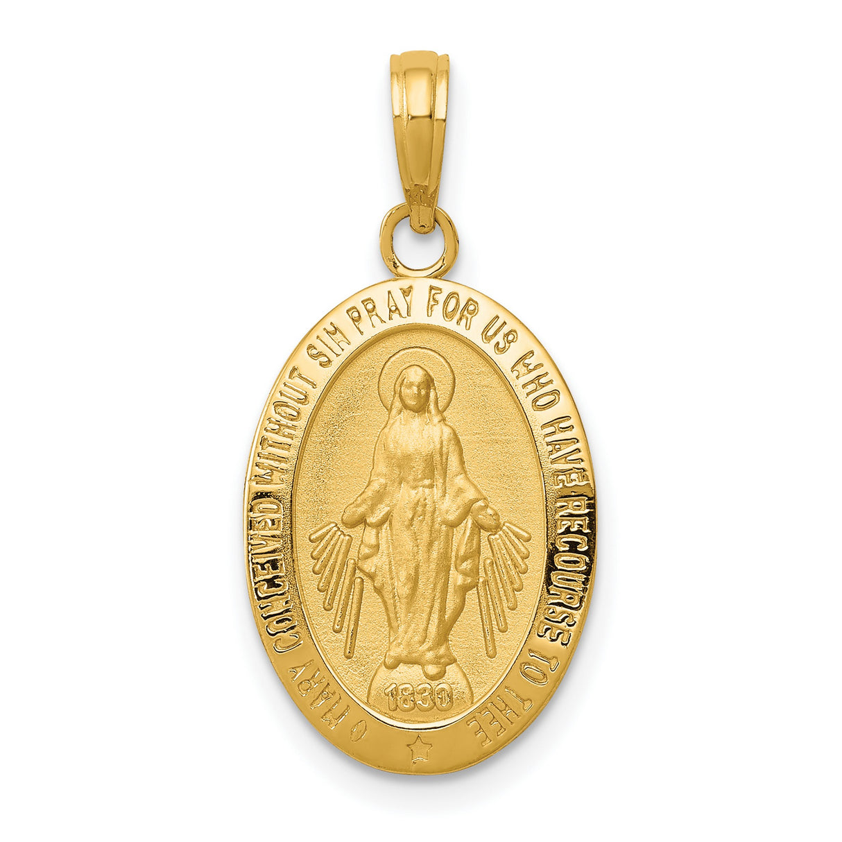 10k Yellow Gold Miraculous Medal Pendant Featuring Virgin Mary and Catholic Inscription