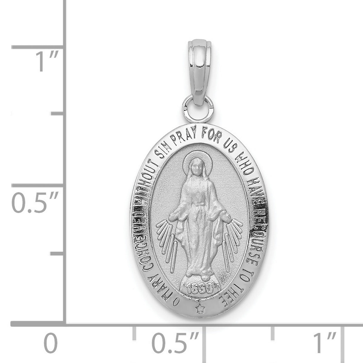 10k White Gold Miraculous Medal Pendant with Virgin Mary and Inscription, Catholic Religious Necklace