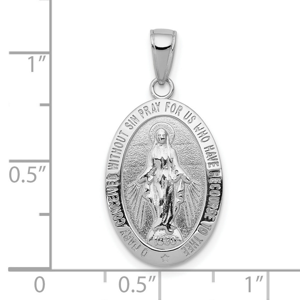10k White Gold Virgin Mary Medal Pendant with Rays of Light, Oval Religious Charm