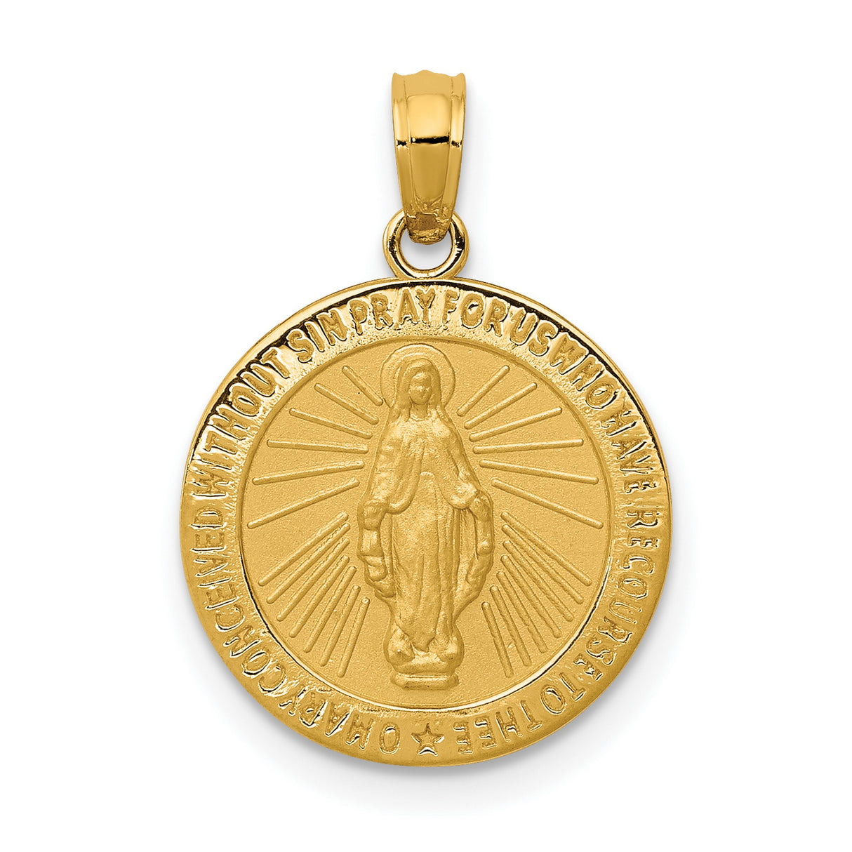 10k Yellow Gold Miraculous Medal Pendant with Virgin Mary Inscription, Catholic Charm