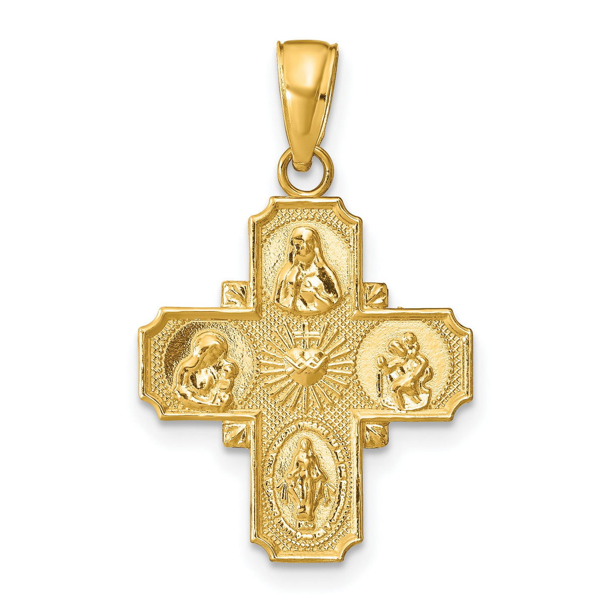10k Yellow Gold Four Way Cross Pendant with Sacred Heart and St. Christopher