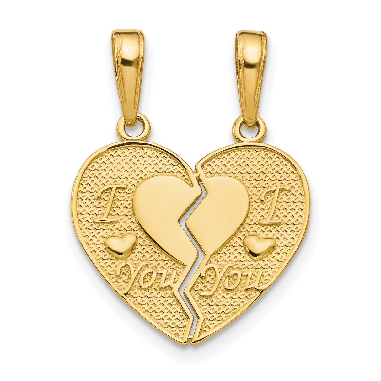 10k Yellow Gold Heart Pendant, Breakable Split Design with I Love You Engraving, Unisex Jewelry