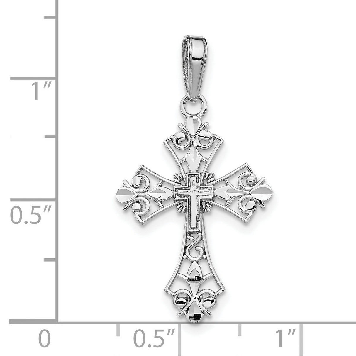 10k White Gold Cross Pendant with Filigree Openwork and Fleur Detailing for Men and Women
