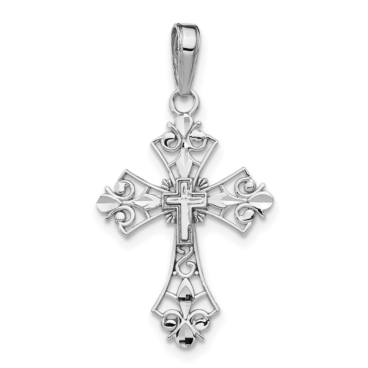 10k White Gold Cross Pendant with Filigree Openwork and Fleur Detailing for Men and Women
