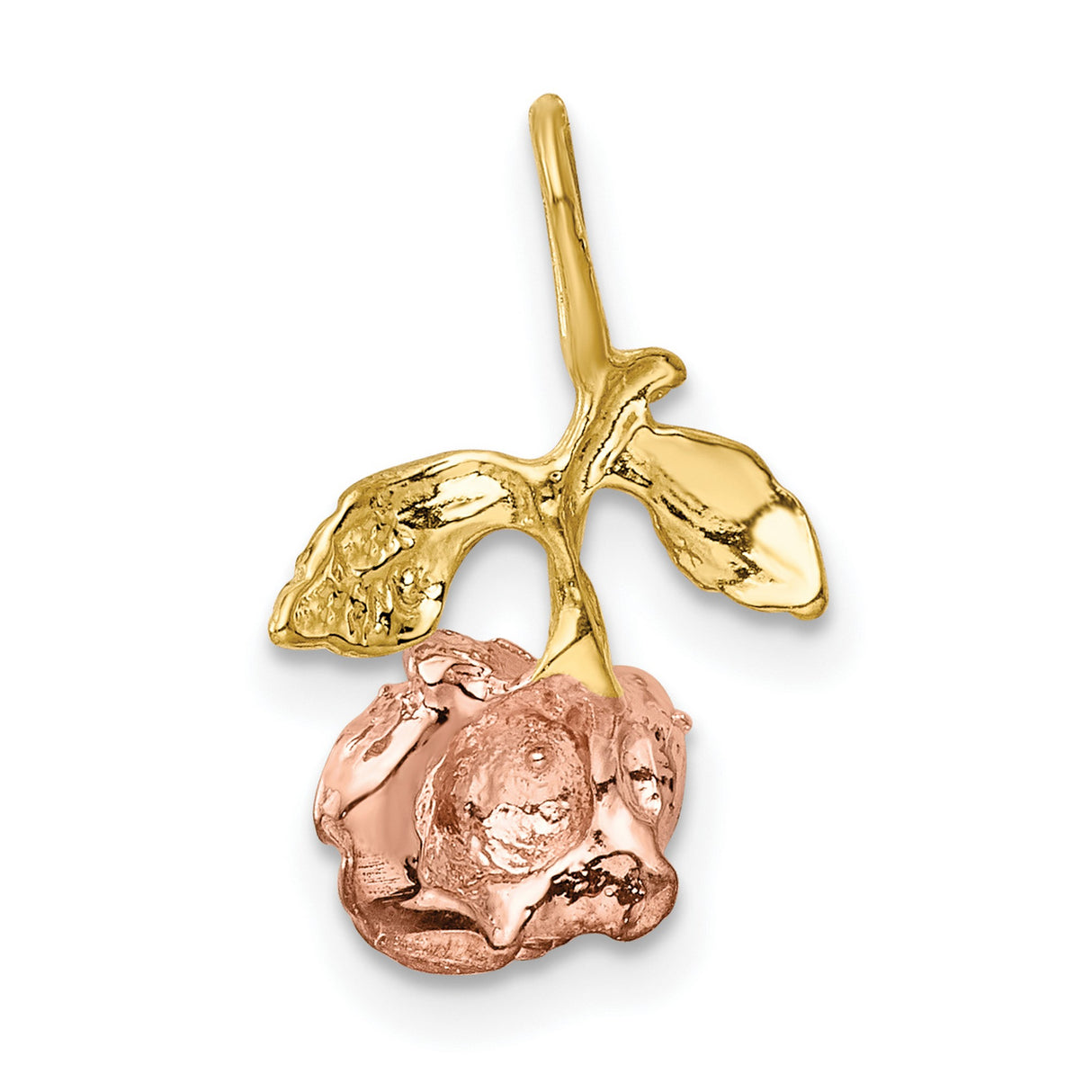10k Multi-Tone Gold Rose Flower Pendant with Rhodium Accents, Tri-Tone Stem and Leaf Design