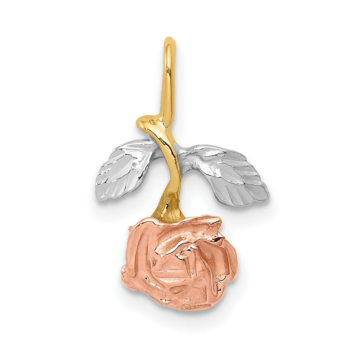 10k Multi-Tone Gold Rose Flower Pendant with Rhodium Accents, Tri-Tone Stem and Leaf Design
