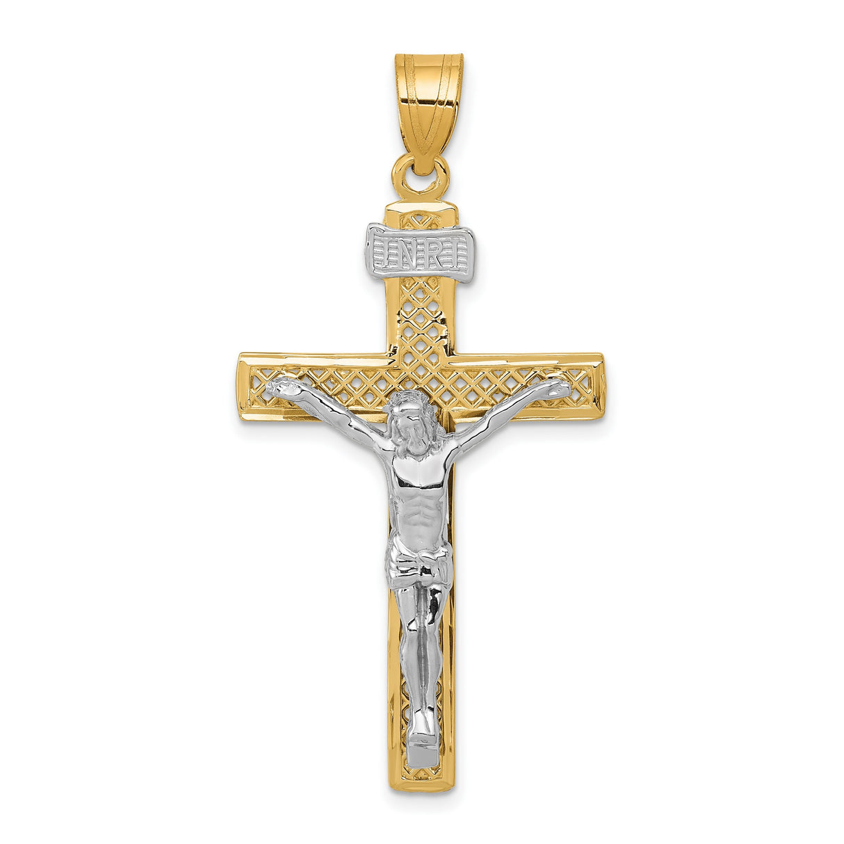10k Two-Tone Gold Crucifix Pendant with INRI Jesus Figure, Christian Cross Design