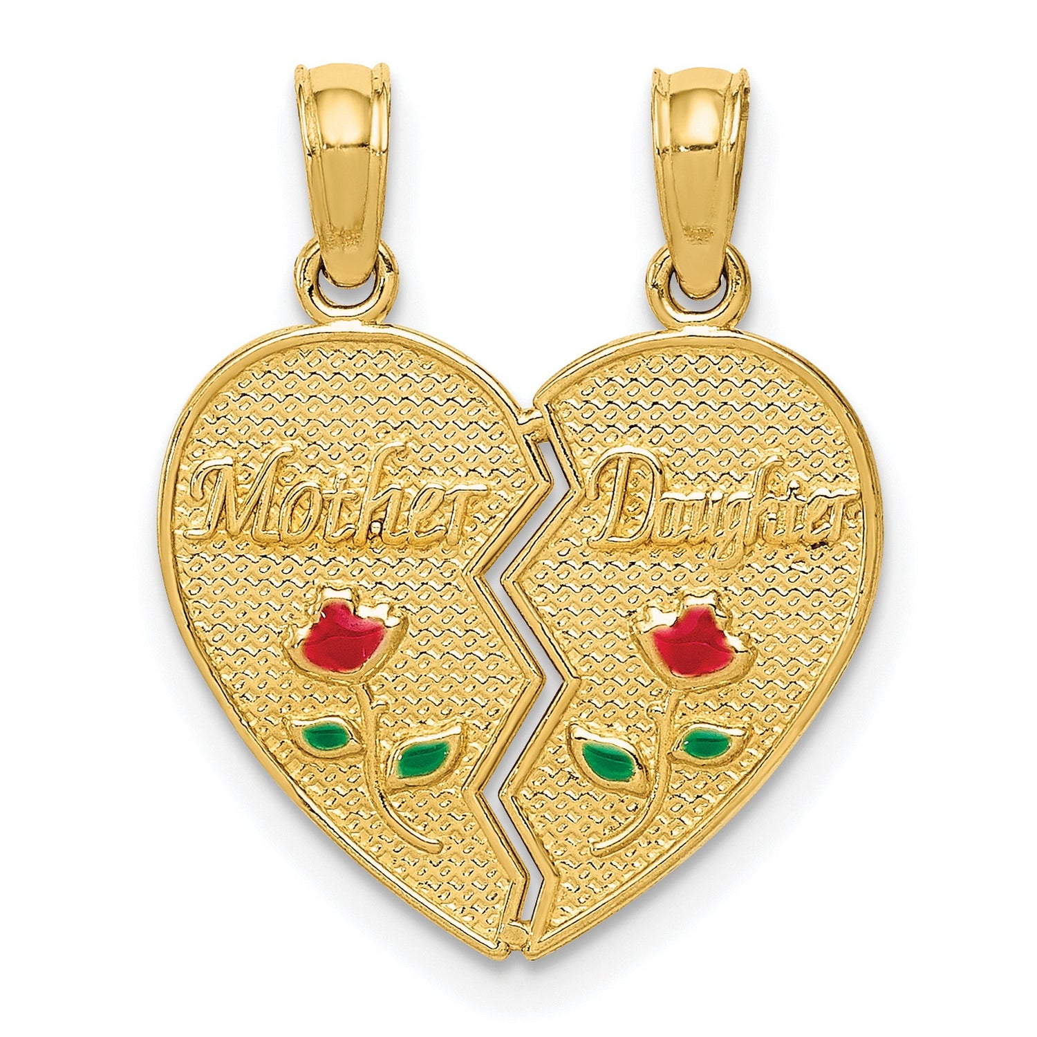 10k Yellow Gold Mother Daughter Pendant with Split Heart and Enamel Rose Accents