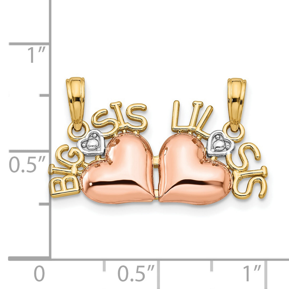 10k Two-Tone Gold Sister Pendant with Interlocking Hearts and Big Sis Lil Sis Engraving