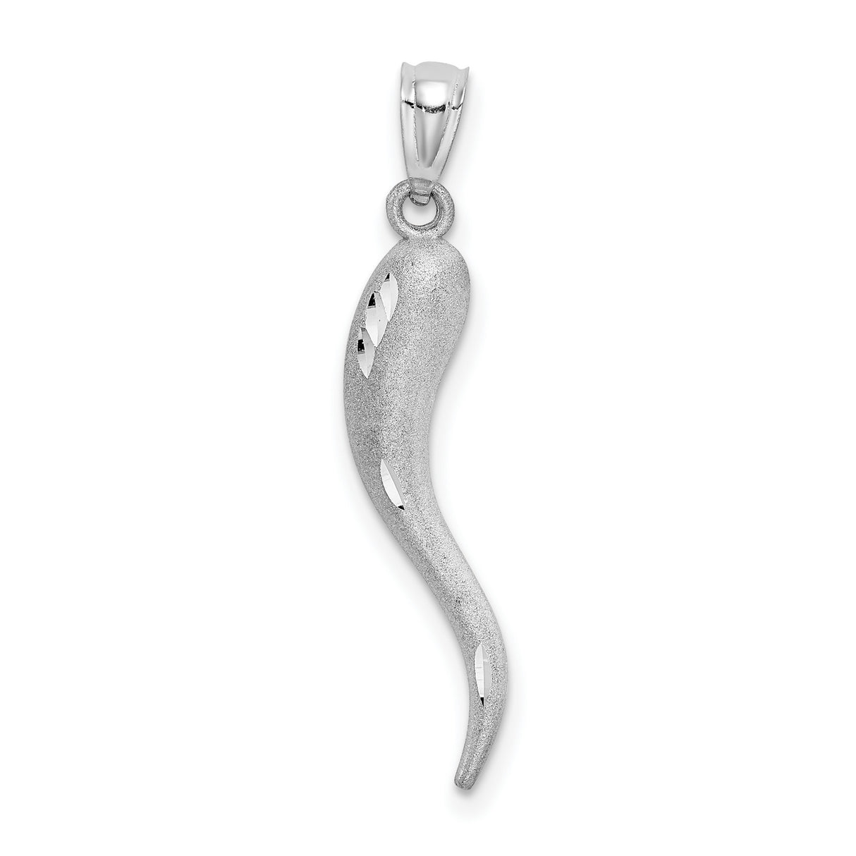 10k White Gold Horn Pendant, Italian Cornicello Charm with Matte and Polished Finish, Unisex Luck Amulet