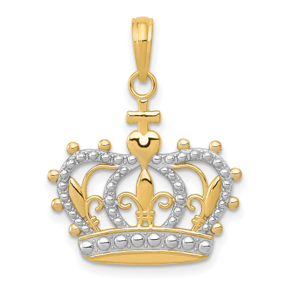 10k Multi-Tone Gold Crown Cross Pendant with Rhodium Accent and Fleur-de-Lis Details