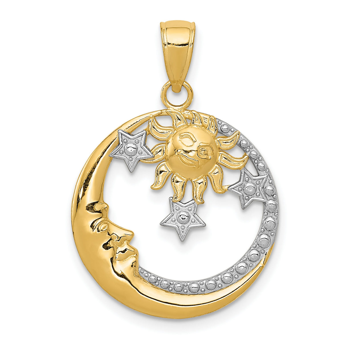 10k Multi-Tone Gold Celestial Pendant with Sun, Moon Face, and Stars