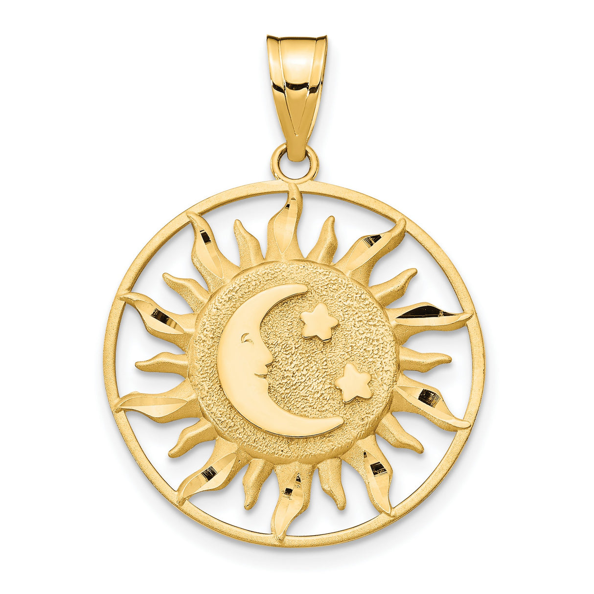 10k Yellow Gold Pendant with Sun Moon Face and Stars, Celestial Mystic Charm
