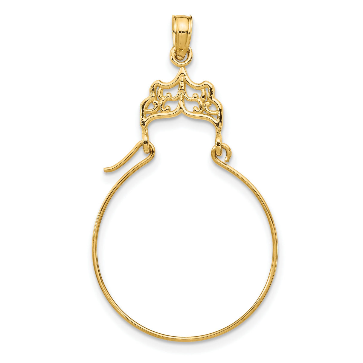 10k Yellow Gold Pendant with Filigree Hoop Charm Holder and Ornate Crown Motif
