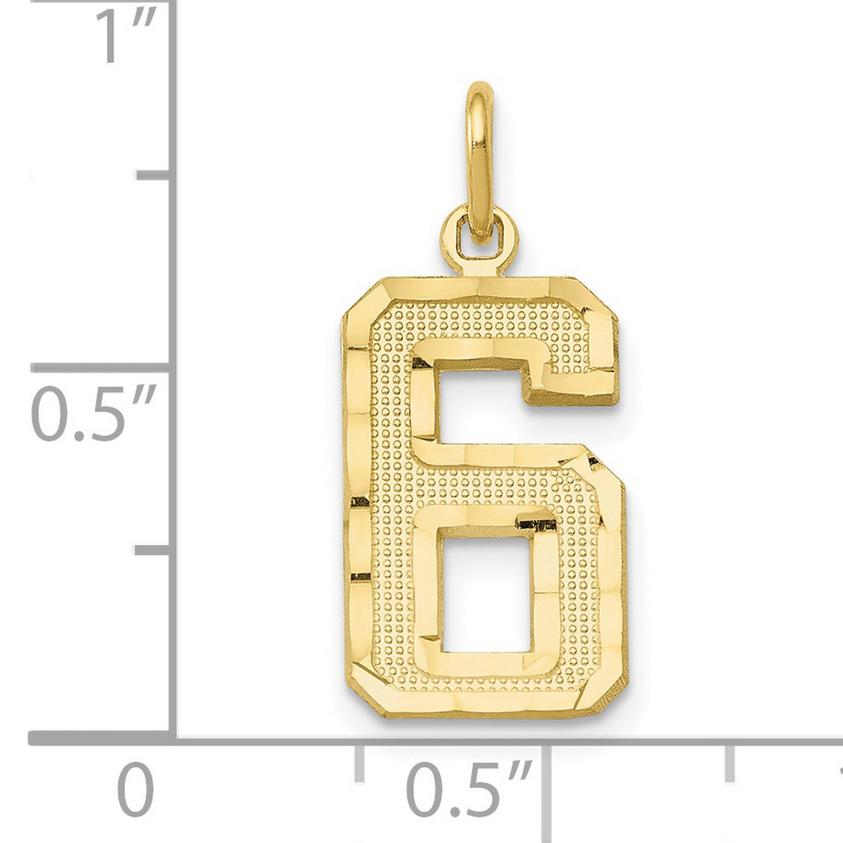 10k Yellow Gold Number 6 Pendant Charm, Beveled Textured Design, Unisex Jewelry