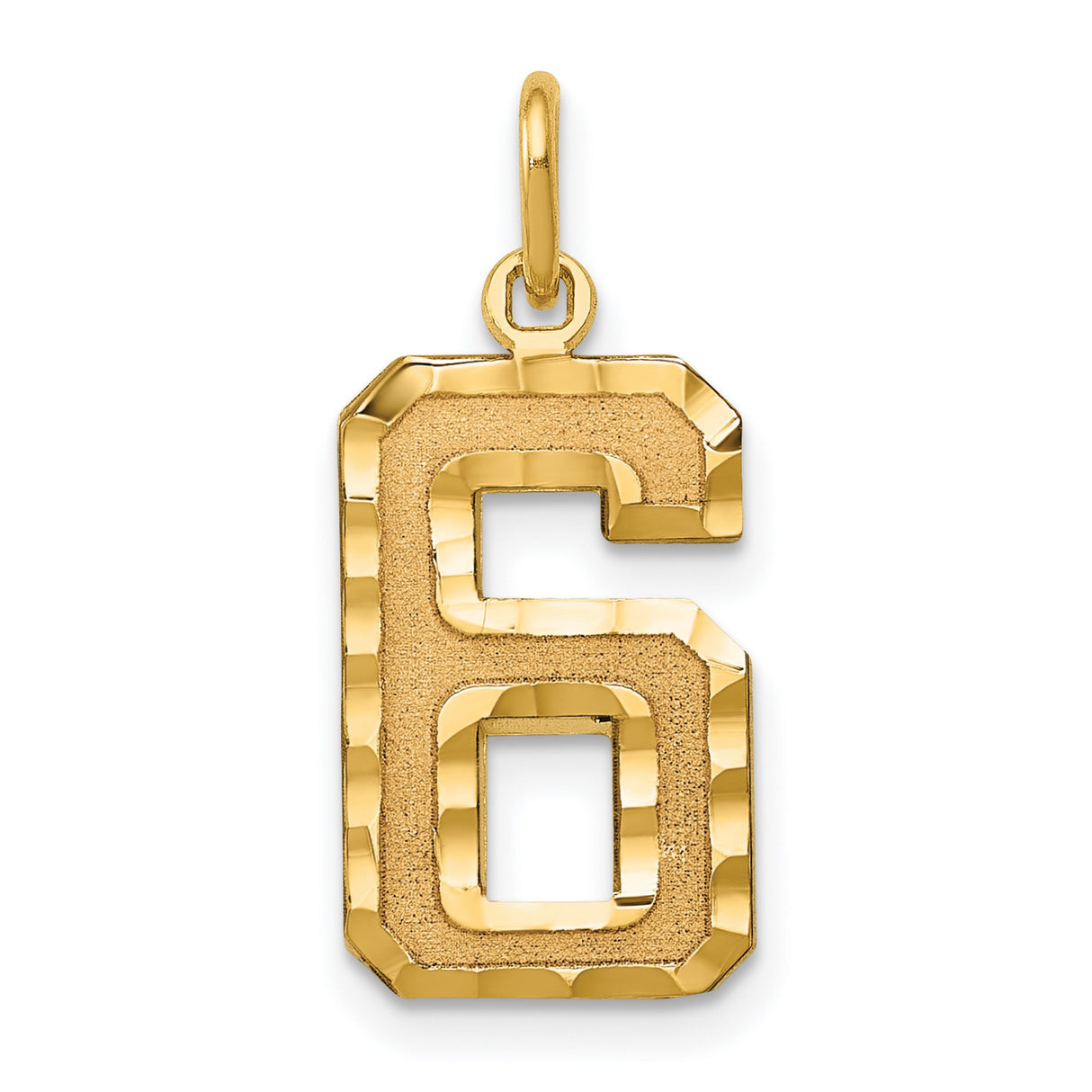 10k Yellow Gold Number 6 Pendant Charm, Beveled Textured Design, Unisex Jewelry