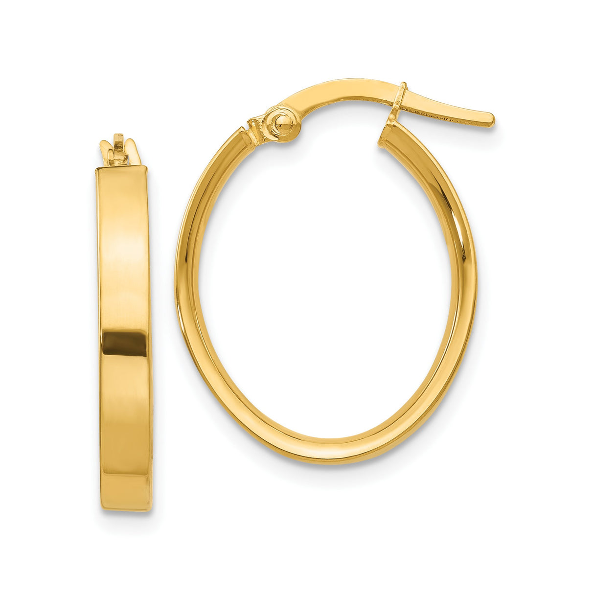 10k Yellow Gold Hoop Earrings, Polished Oval Design with Hinged Snap Back Closure
