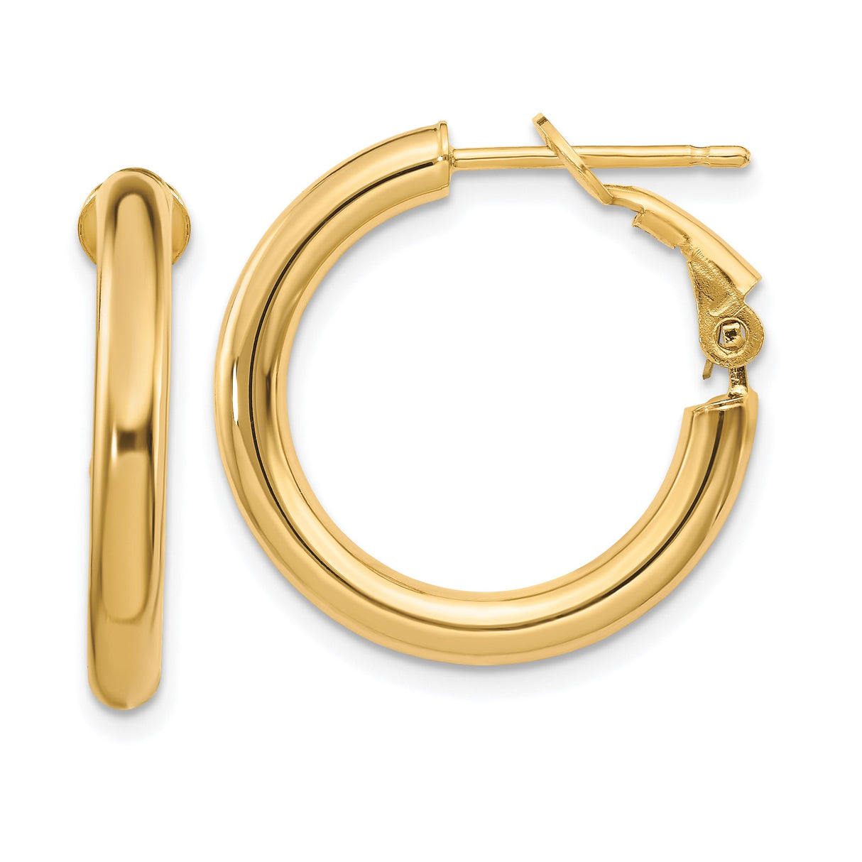 10k Yellow Gold Hoop Earrings, Polished Round Minimalist Design with Omega Back Closure