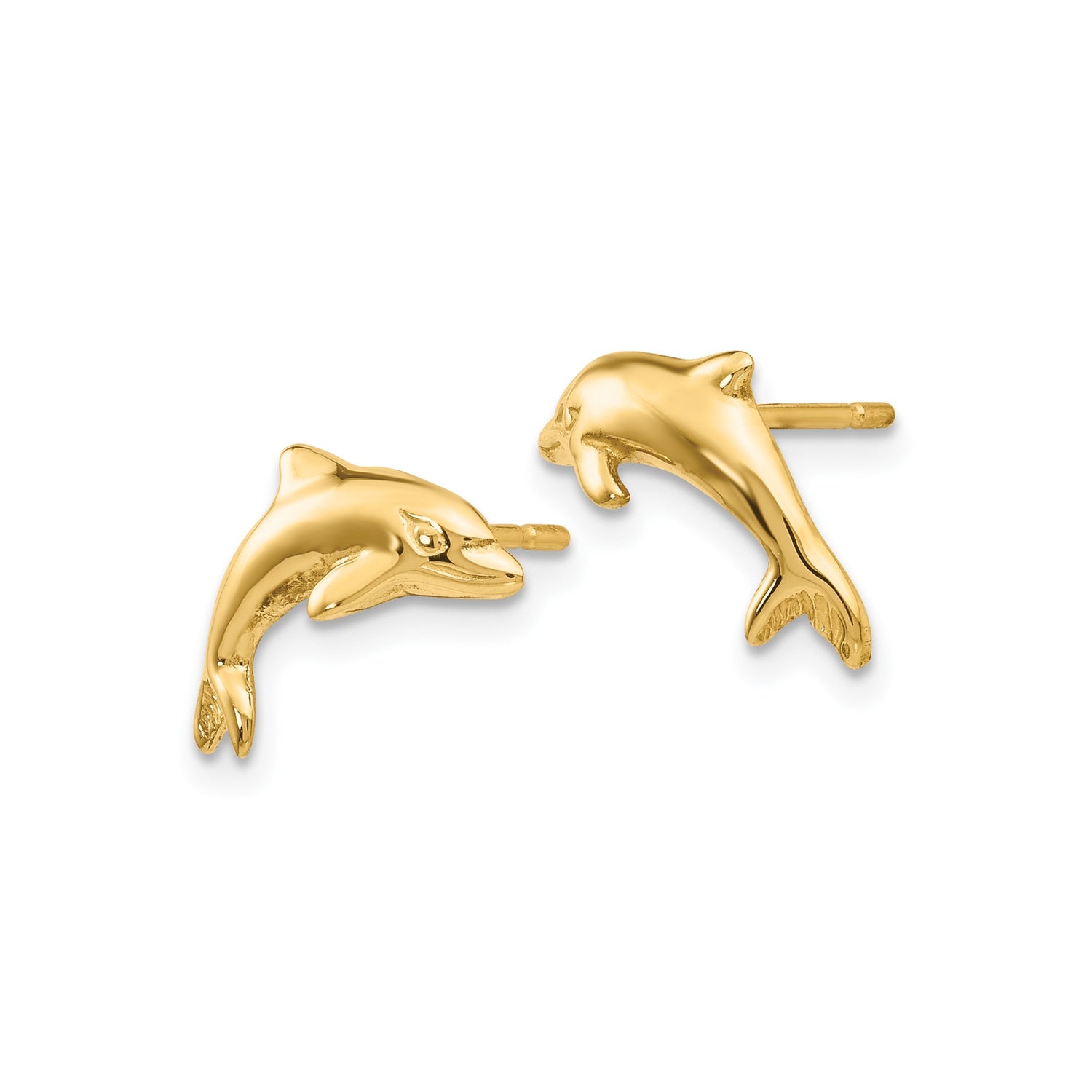 10k Yellow Gold Dolphin Stud Earrings, Polished Jumping Dolphin Design, Nautical Marine Theme