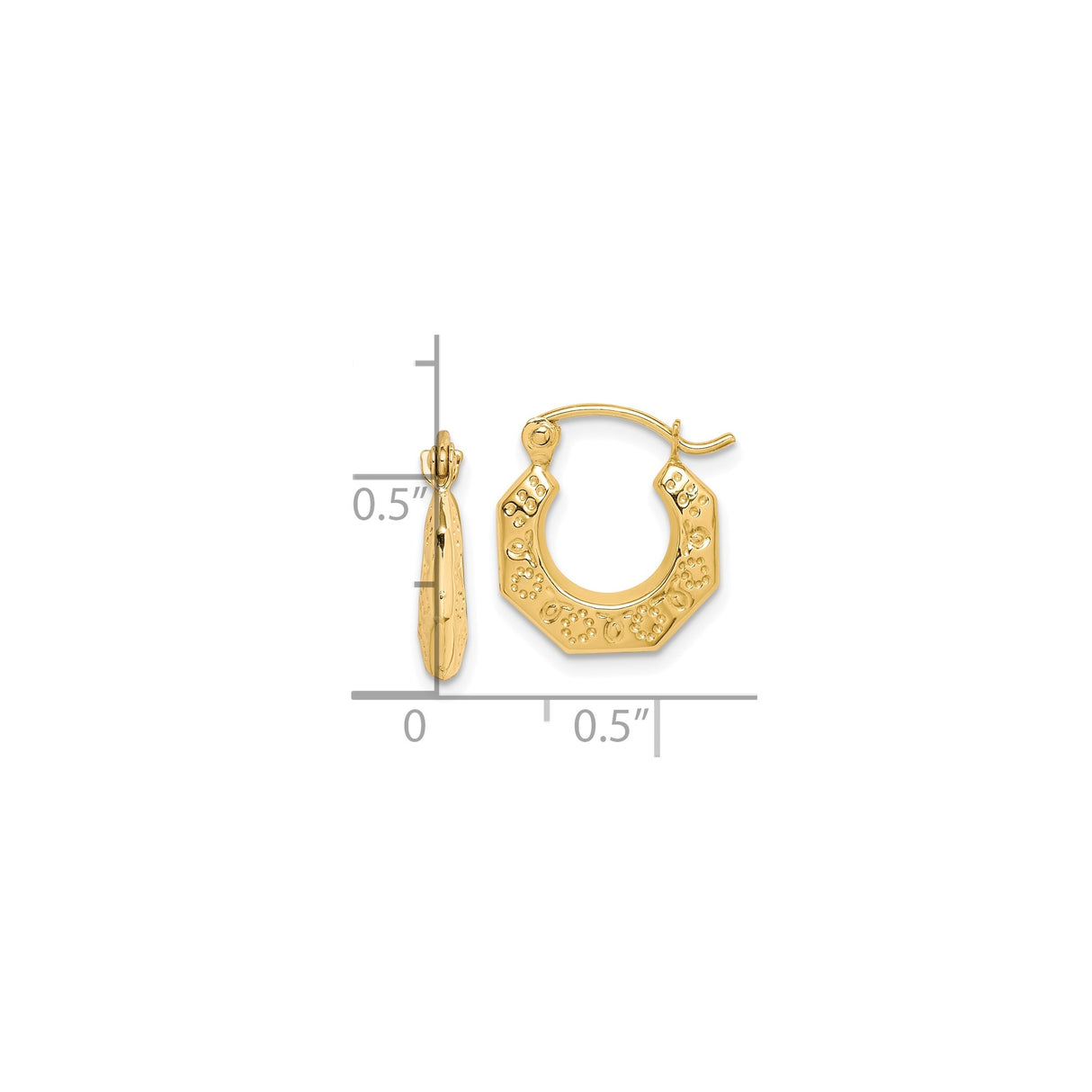 10k Yellow Gold Octagon Hoop Earrings with Textured Floral and Dot Pattern