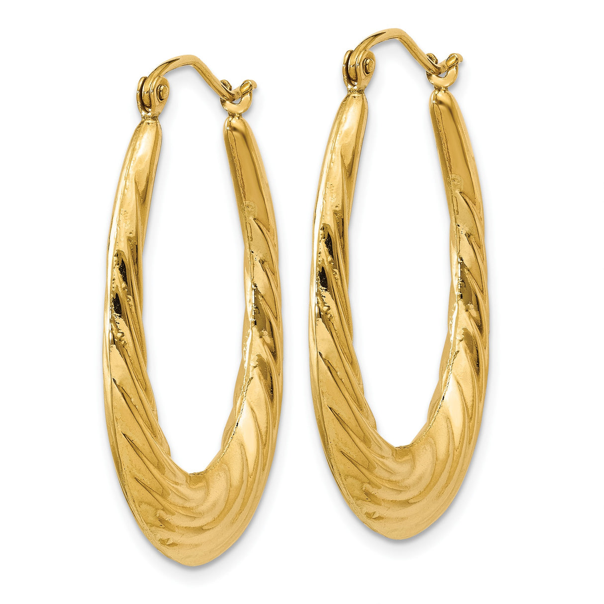 10k Yellow Gold Twisted Oval Hoop Earrings, Polished Textured Finish for Women
