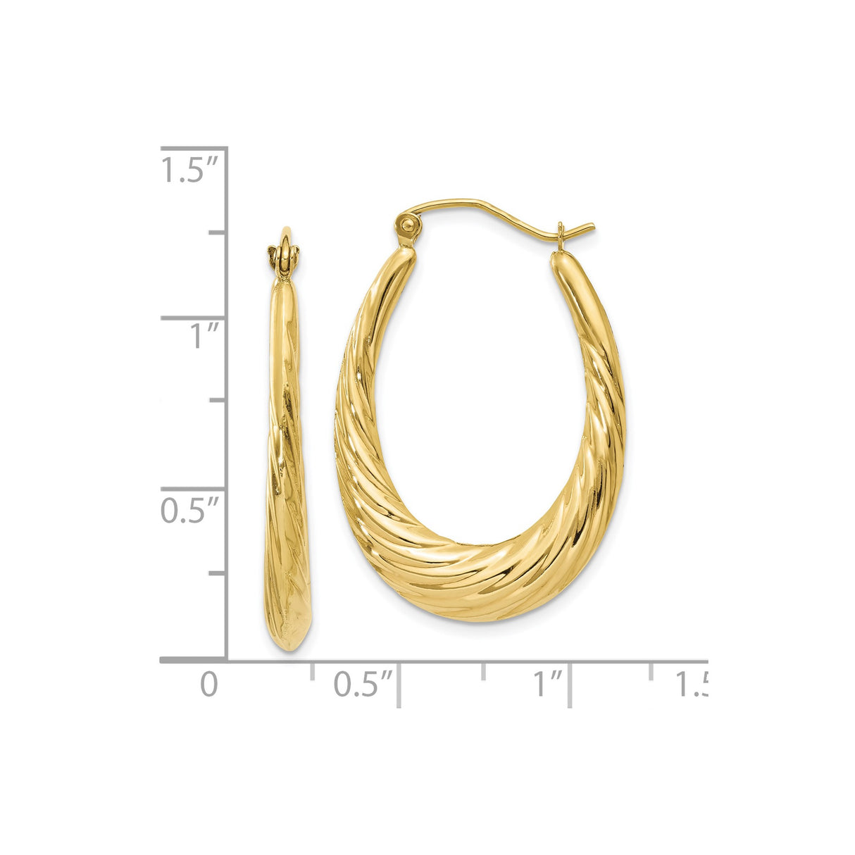 10k Yellow Gold Twisted Oval Hoop Earrings, Polished Textured Finish for Women