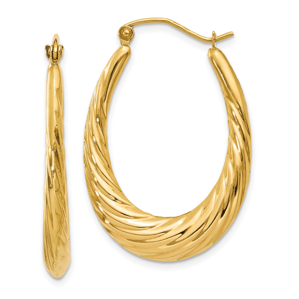 10k Yellow Gold Twisted Oval Hoop Earrings, Polished Textured Finish for Women