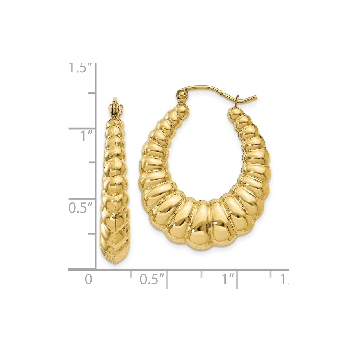 10k Yellow Gold Hoop Earrings, Scalloped Ribbed Design, Polished Finish for Women