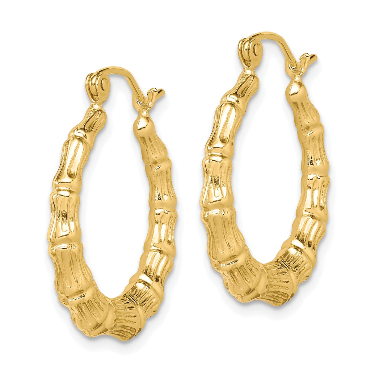 10k Yellow Gold Hoop Earrings, Bamboo Style with Polished Organic Texture, Lightweight Hollow Design