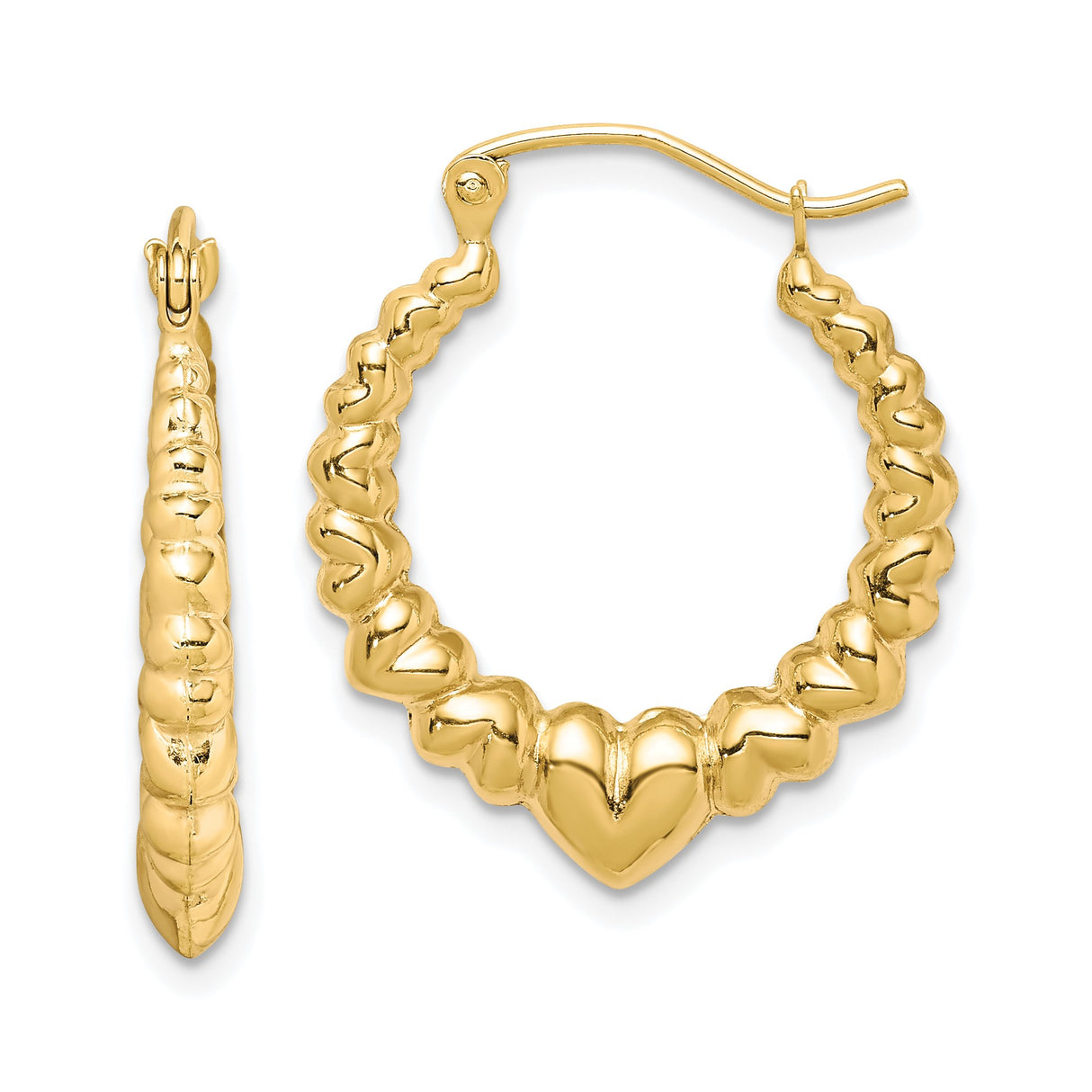 10k Yellow Gold Hoop Earrings with Puffed Heart Design for Women