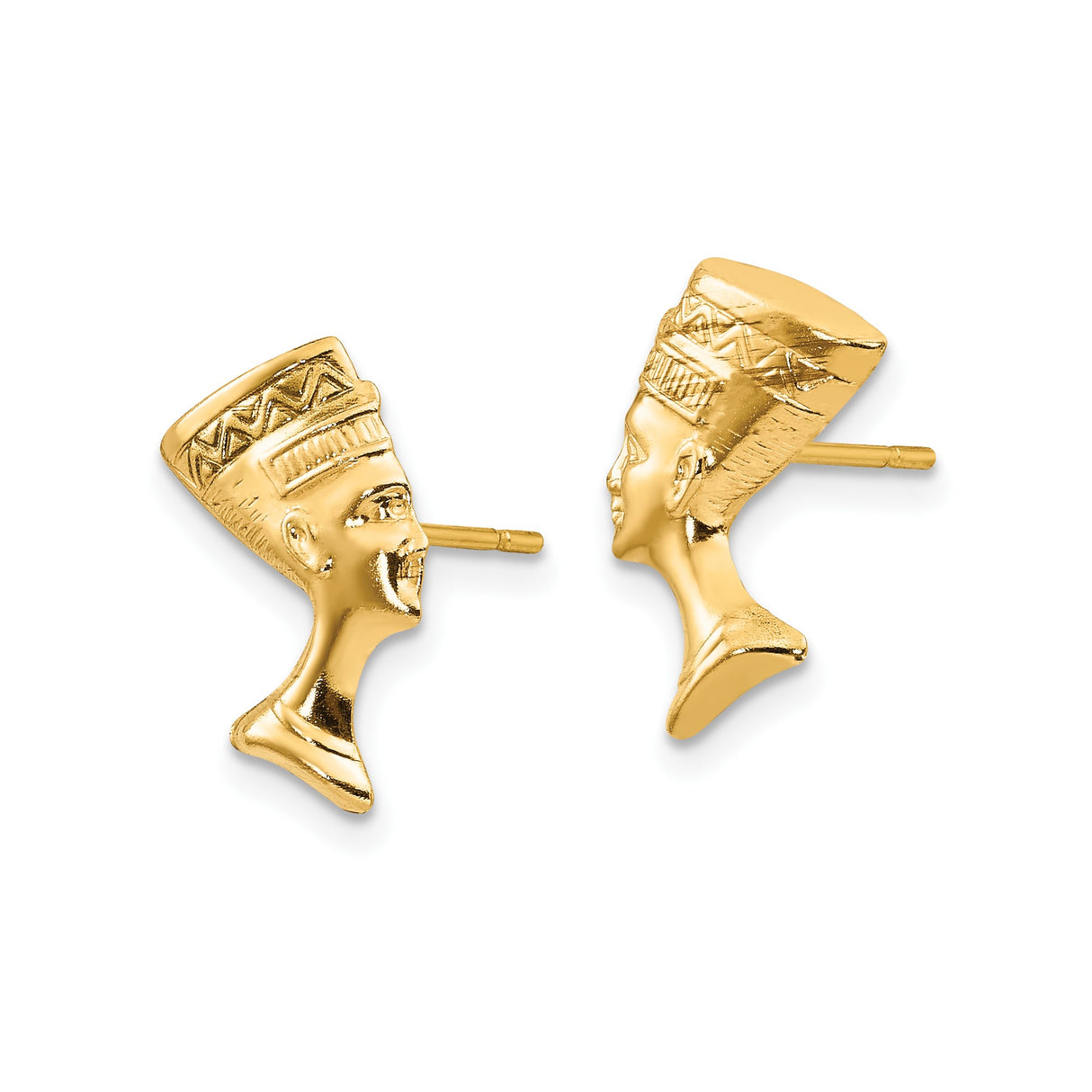 10k Yellow Gold Nefertiti Profile Stud Earrings, Egyptian Icon Design for Women
