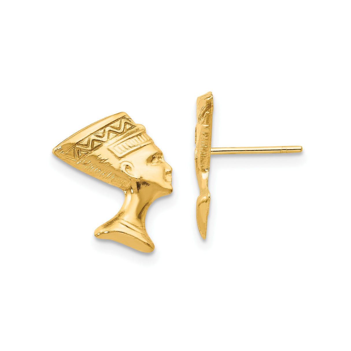 10k Yellow Gold Nefertiti Profile Stud Earrings, Egyptian Icon Design for Women
