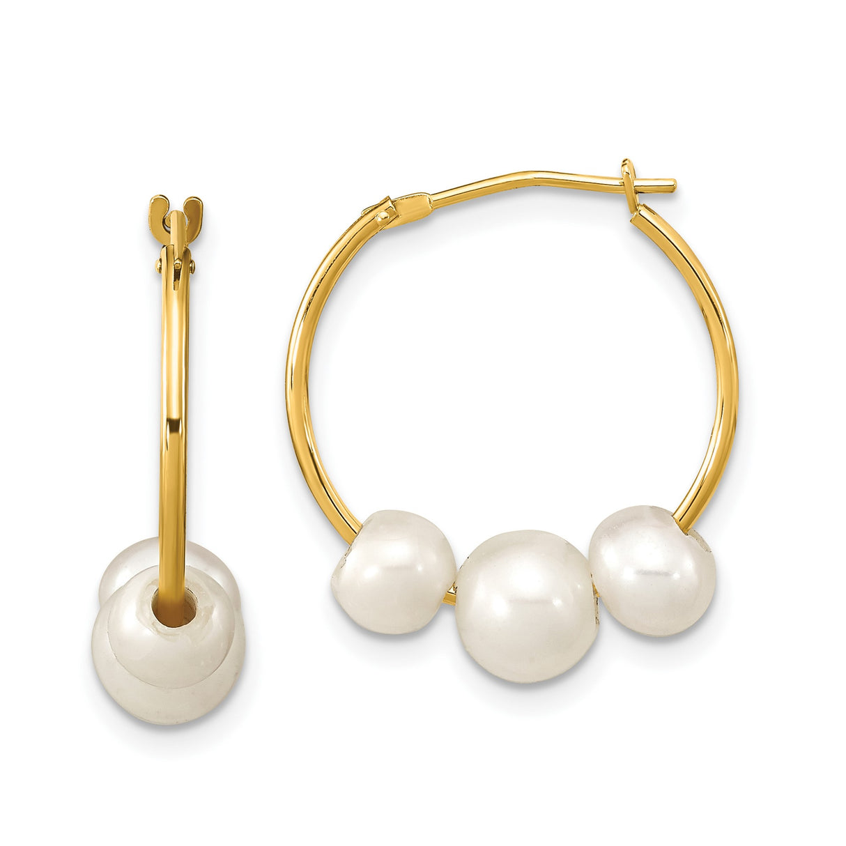 10k Yellow Gold Hoop Earrings with White Freshwater Pearls, Classic and Sophisticated Style