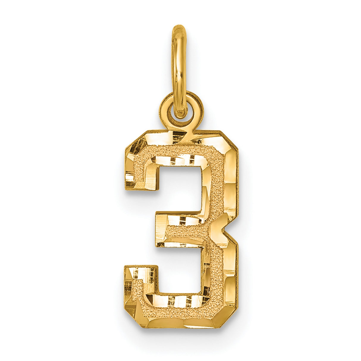 10k Yellow Gold Number Three Pendant Charm with Textured and Polished Finish