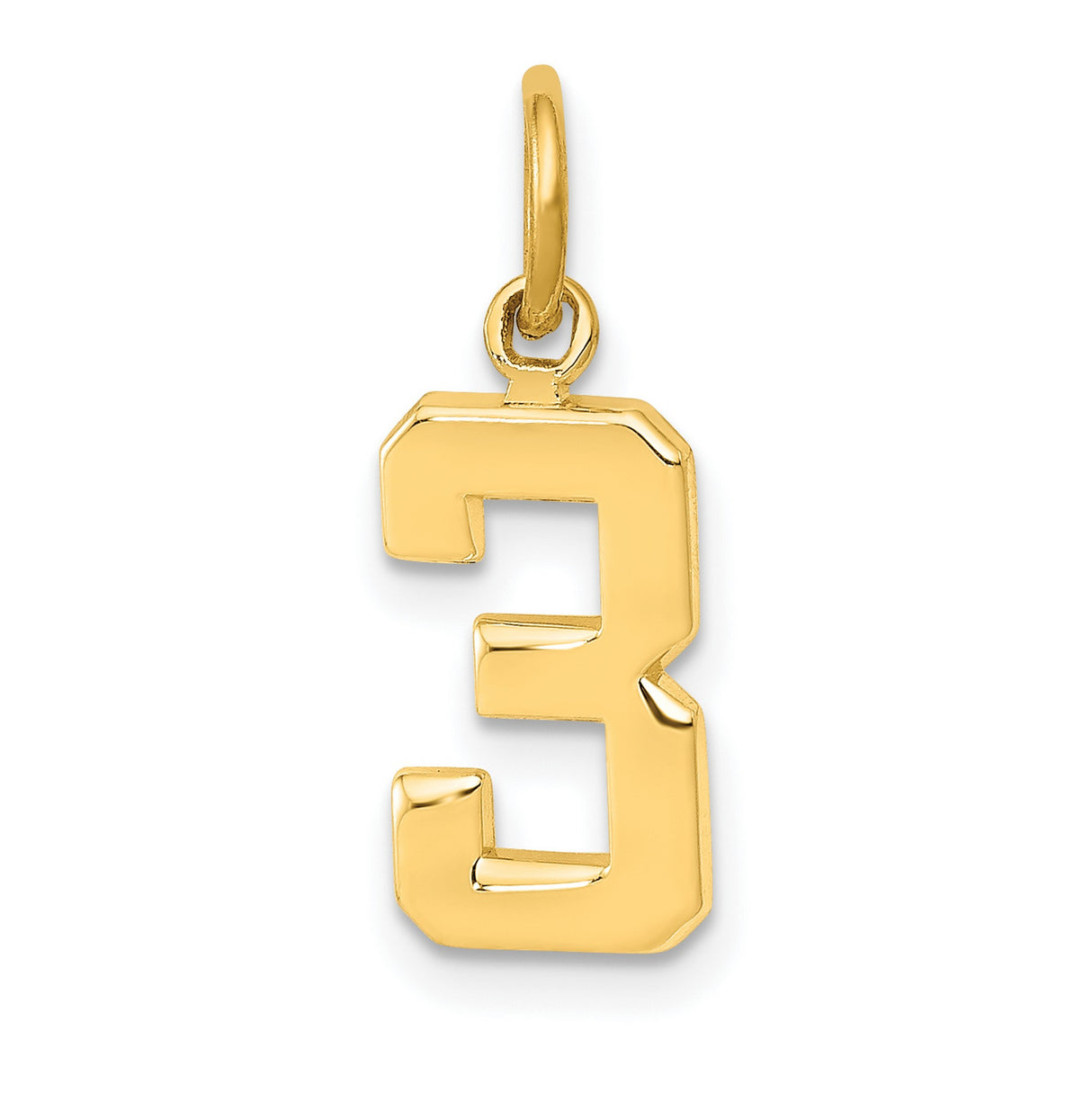 10k Yellow Gold Number 3 Pendant Charm, Polished Block Numeral Design, Unisex Jewelry