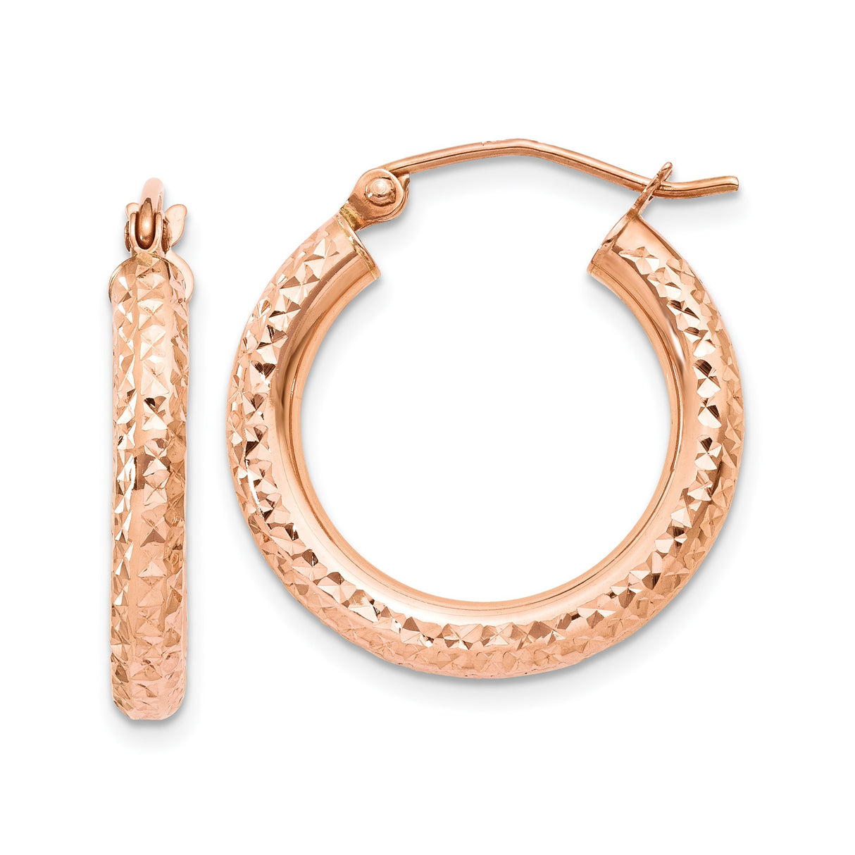 10k Rose Gold Hoop Earrings, Textured with Diamond Cut Finish, Lightweight Medium Style