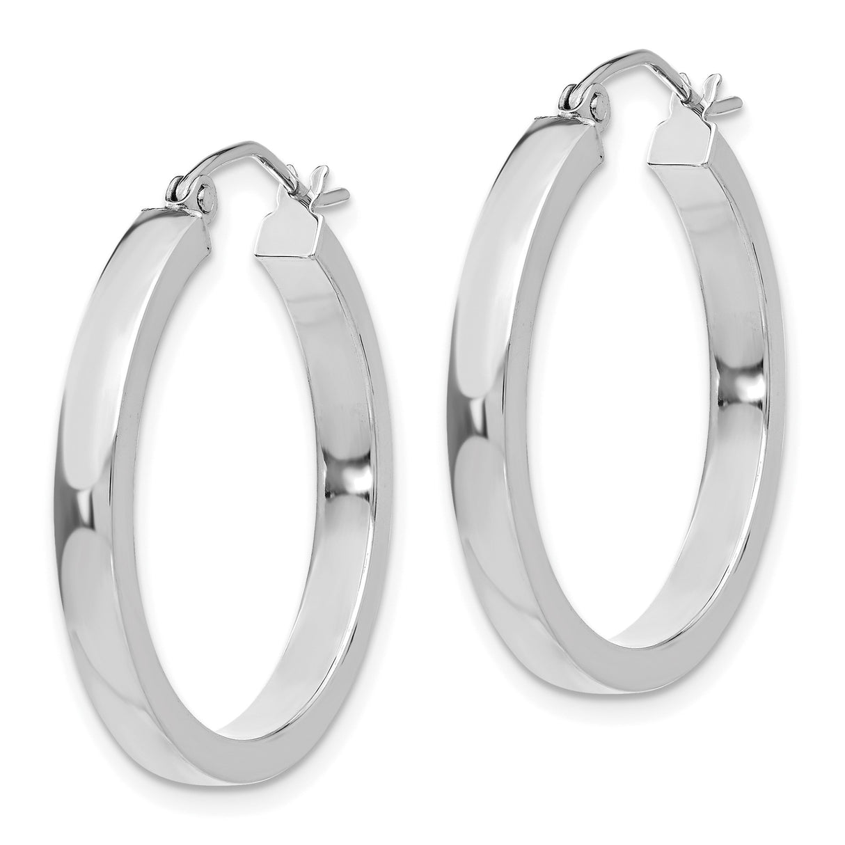 10k White Gold Hoop Earrings, Medium Round Polished Hoops with Latch Back Closure