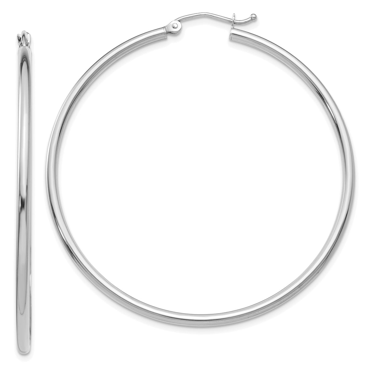 10k White Gold Hoop Earrings, Large Round Polished Finish, Lightweight Minimalist Design for Women