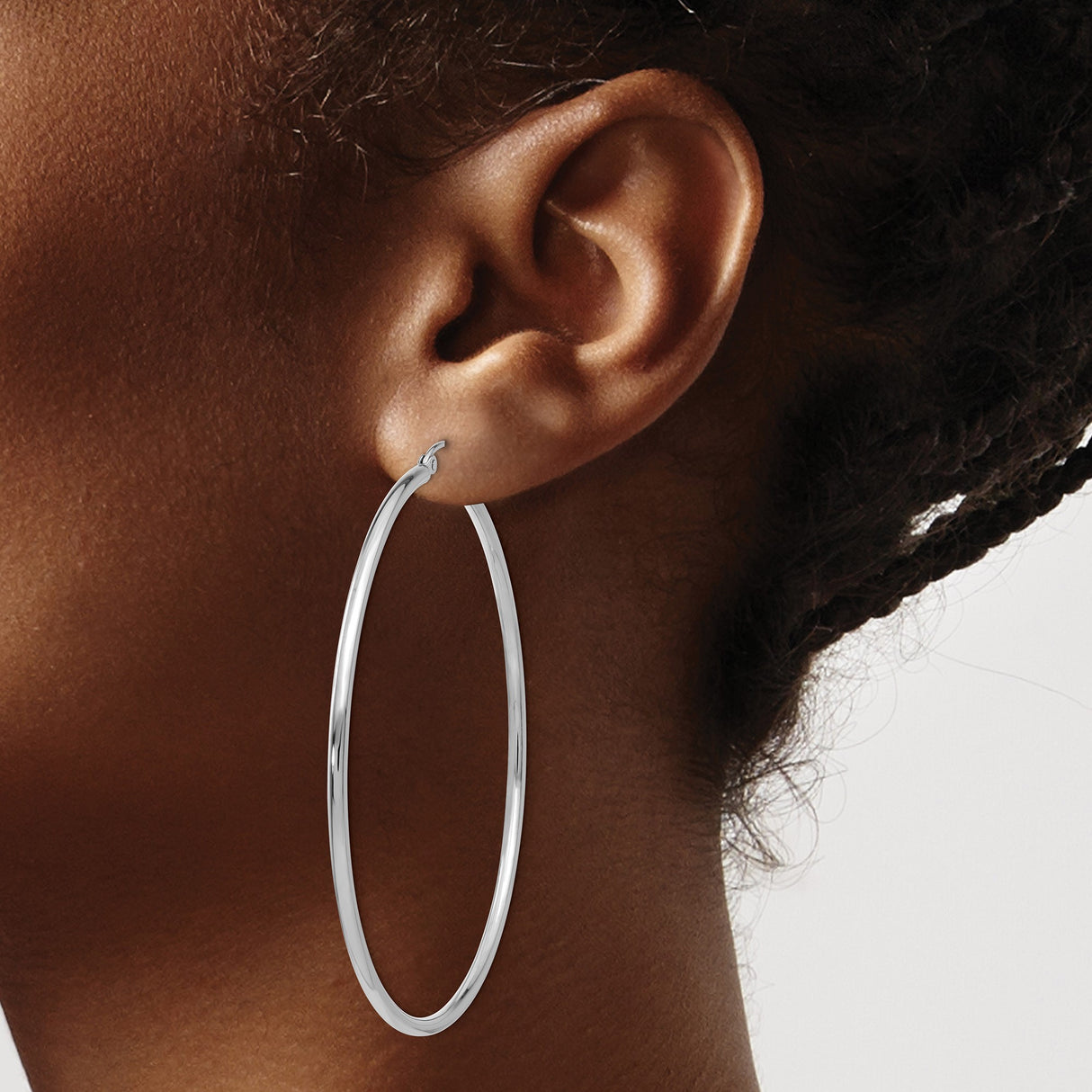 10k White Gold Hoop Earrings, Large Round Polished Finish, Classic Minimalist Design for Women