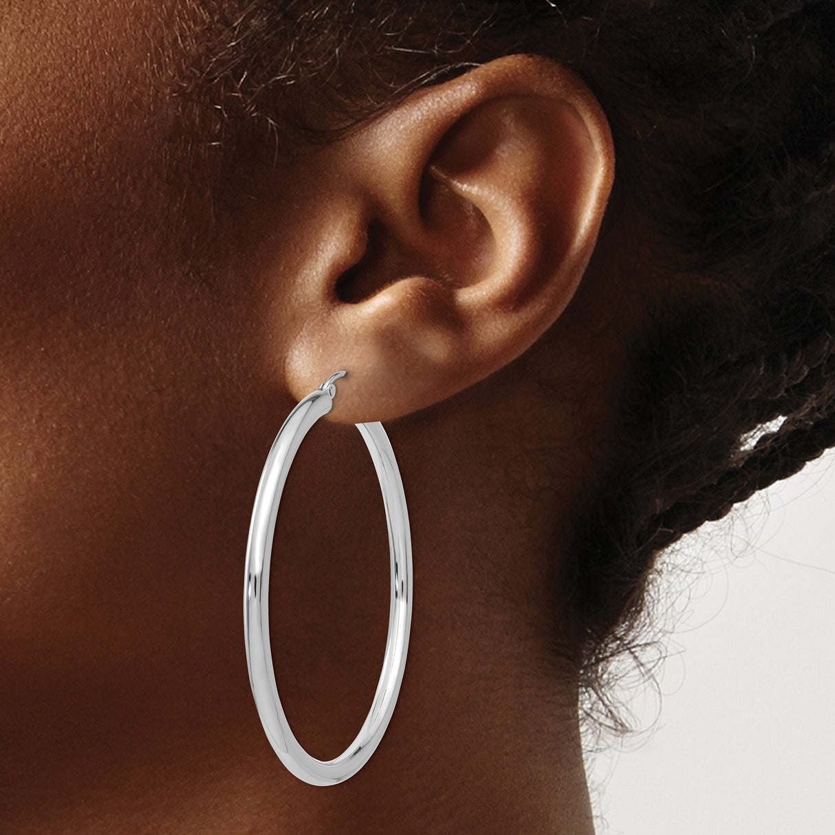 10k White Gold Hoop Earrings, Classic Round Thin Tube Design, Polished Minimalist Style for Women