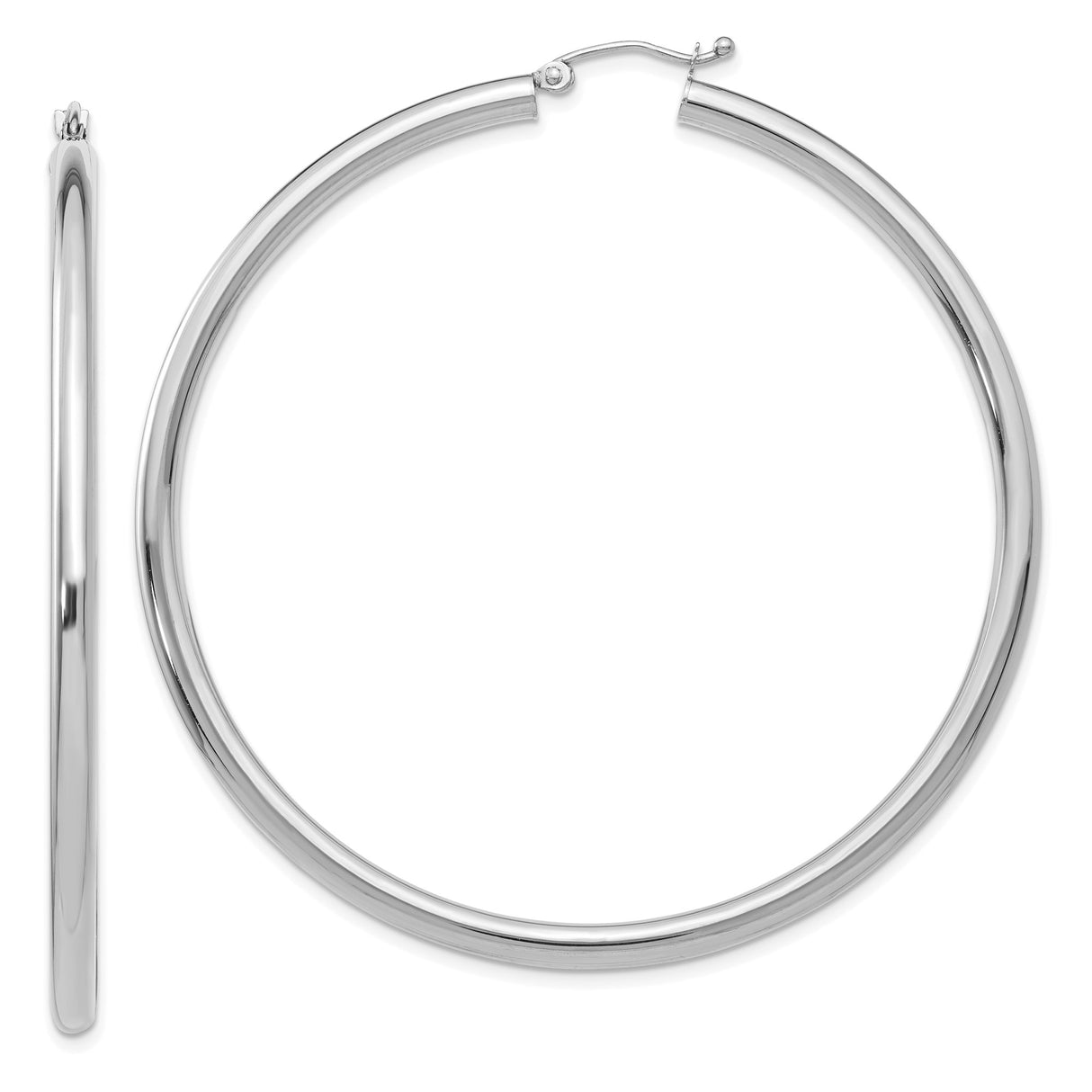 10k White Gold Hoop Earrings, Classic Polished Round Hoops with Latch Back Closure for Women