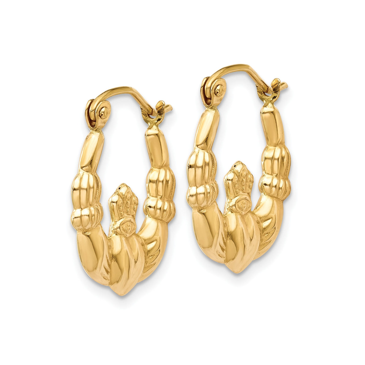10k Yellow Gold Claddagh Hoop Earrings with Heart, Crown, and Hands Symbol