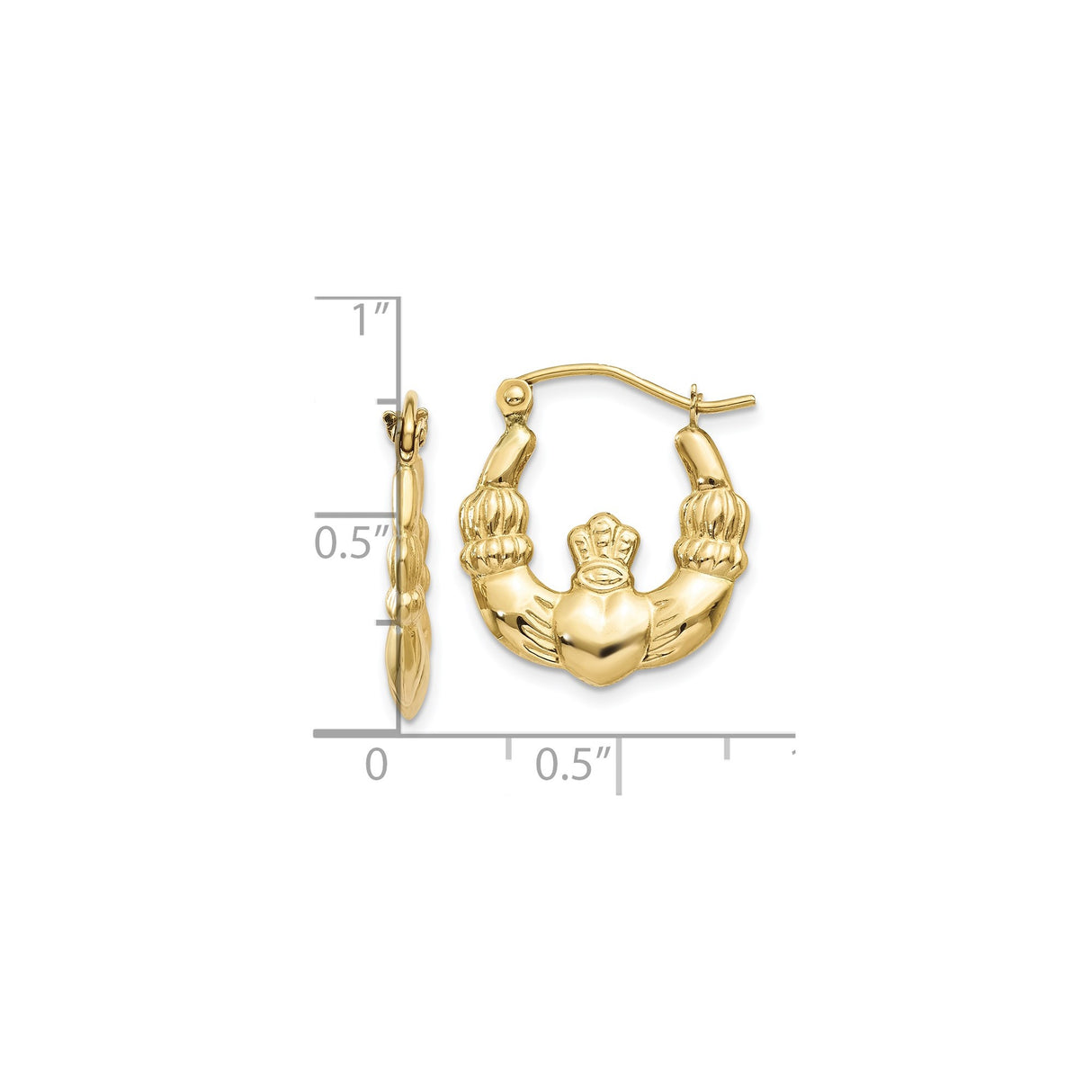 10k Yellow Gold Claddagh Hoop Earrings with Heart, Crown, and Hands Symbol