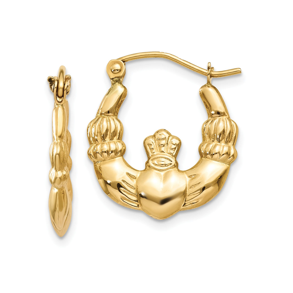 10k Yellow Gold Claddagh Hoop Earrings with Heart, Crown, and Hands Symbol