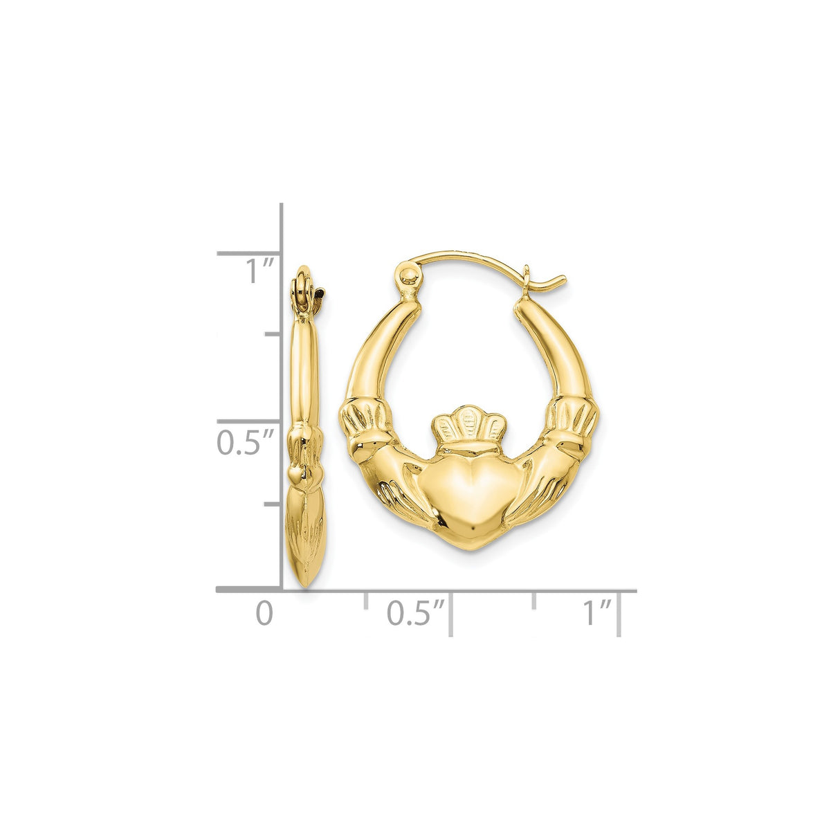 10k Yellow Gold Claddagh Hoop Earrings with Crowned Heart and Hands Celtic Design